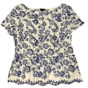 Talbots Blue White Embroidered Peplum Top Cotton Scalloped Hem Women’s 8